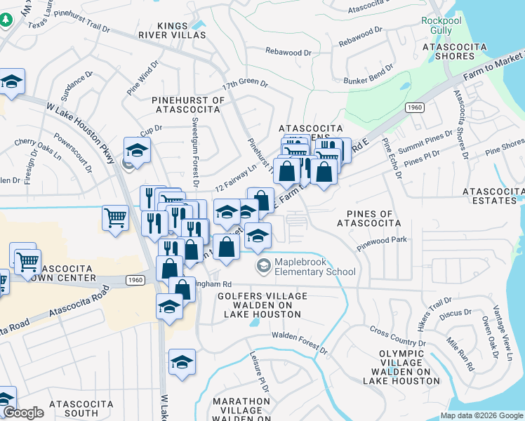 map of restaurants, bars, coffee shops, grocery stores, and more near 7840 Farm to Market 1960 in Humble