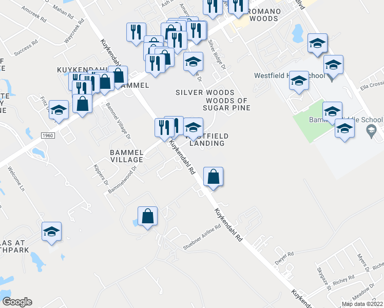 map of restaurants, bars, coffee shops, grocery stores, and more near 15340 Kuykendahl Road in Houston