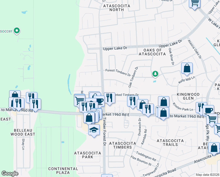 map of restaurants, bars, coffee shops, grocery stores, and more near 5403 Enchanted Timbers Drive in Humble