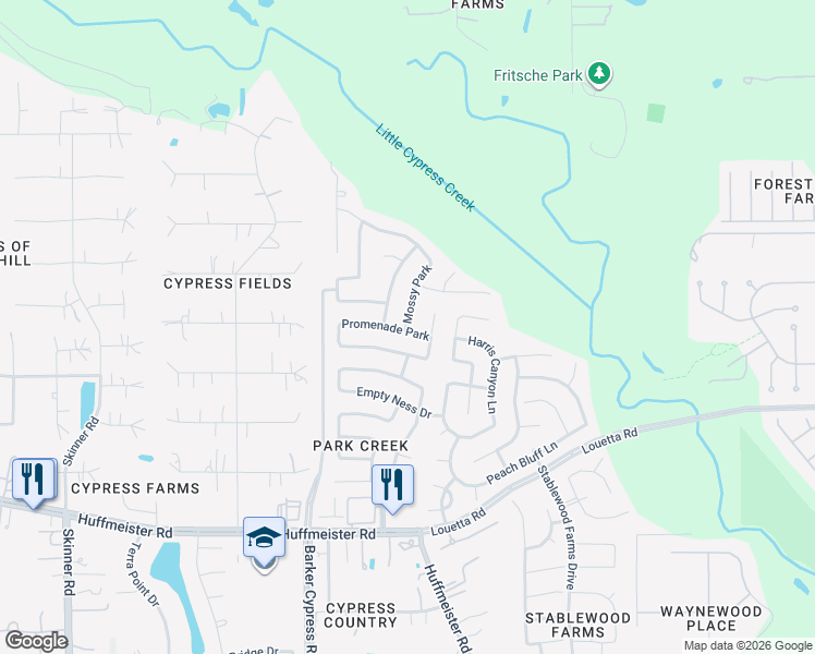 map of restaurants, bars, coffee shops, grocery stores, and more near 15507 Mossy Park in Cypress