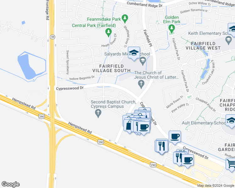 map of restaurants, bars, coffee shops, grocery stores, and more near 15215 Green Whisper Drive in Cypress