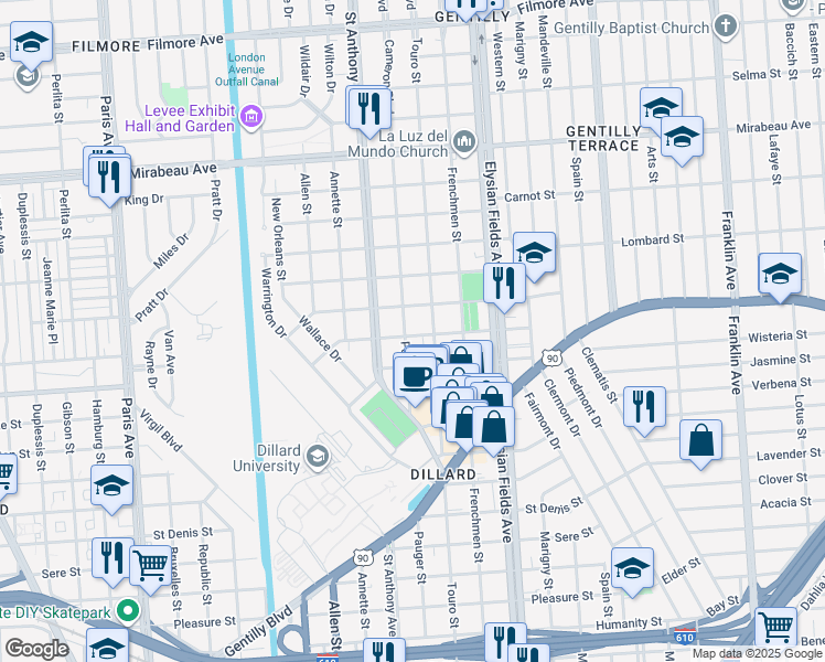 map of restaurants, bars, coffee shops, grocery stores, and more near 4233 Pauger Street in New Orleans