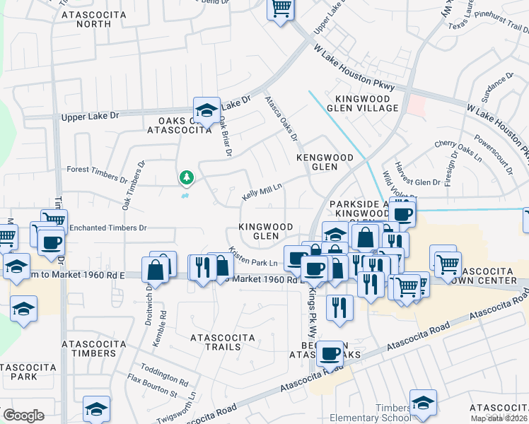 map of restaurants, bars, coffee shops, grocery stores, and more near 19227 Sarah Ann Court in Humble