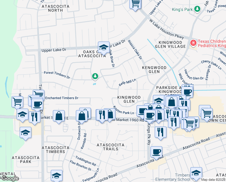 map of restaurants, bars, coffee shops, grocery stores, and more near 6002 Kristen Park Lane in Humble