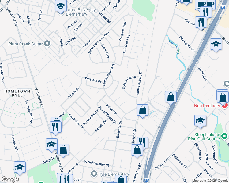 map of restaurants, bars, coffee shops, grocery stores, and more near 109 Rei Tang Loop in Kyle
