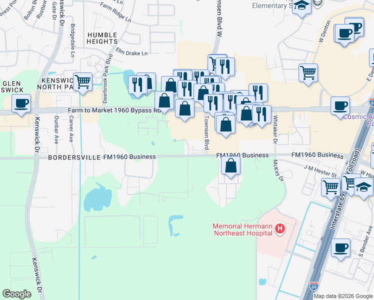 map of restaurants, bars, coffee shops, grocery stores, and more near 9207 Humble Westfield Road in Humble