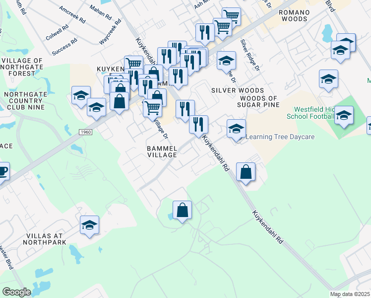 map of restaurants, bars, coffee shops, grocery stores, and more near 19 Bammelwood Drive in Houston