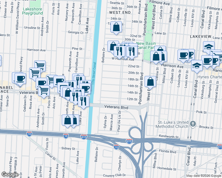 map of restaurants, bars, coffee shops, grocery stores, and more near 334 14th Street in New Orleans
