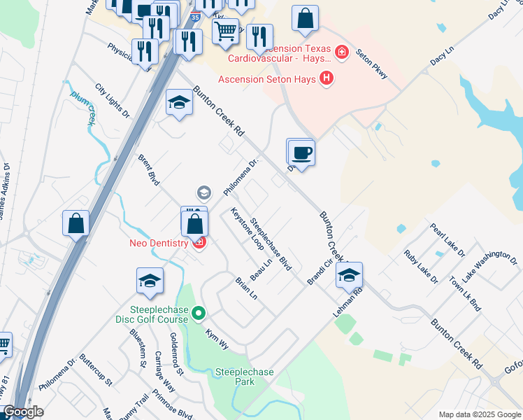 map of restaurants, bars, coffee shops, grocery stores, and more near 110 Bailey Loop in Kyle