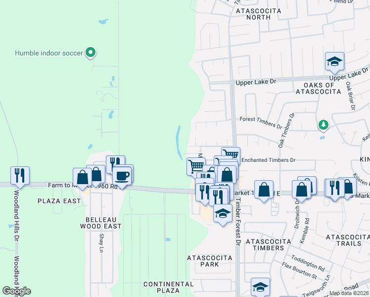 map of restaurants, bars, coffee shops, grocery stores, and more near 5107 Enchanted Timbers Drive in Humble