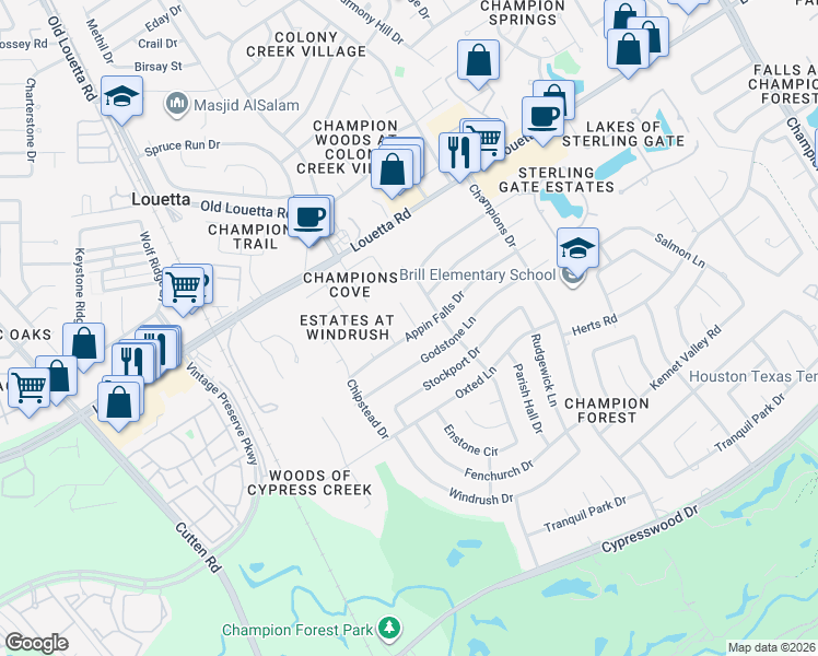 map of restaurants, bars, coffee shops, grocery stores, and more near 9607 Appin Falls Drive in Spring