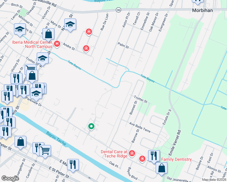 map of restaurants, bars, coffee shops, grocery stores, and more near 2516 Coco Palm Drive in New Iberia