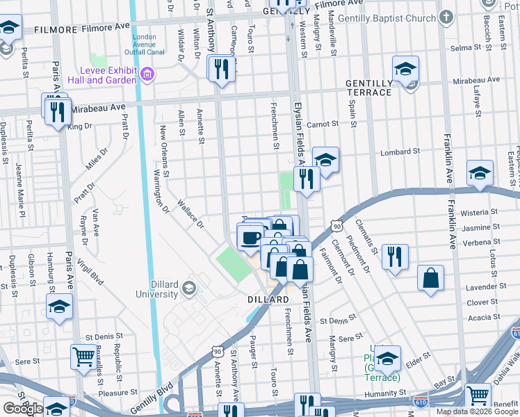 map of restaurants, bars, coffee shops, grocery stores, and more near 4231 Touro Street in New Orleans