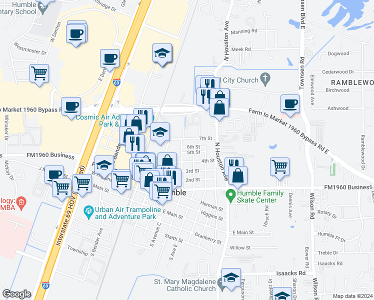 map of restaurants, bars, coffee shops, grocery stores, and more near 520 5th Street in Humble