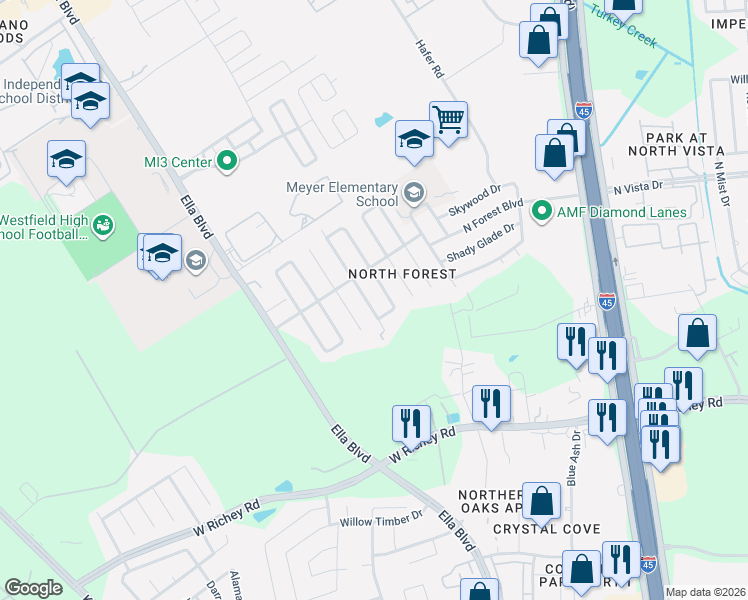 map of restaurants, bars, coffee shops, grocery stores, and more near 16202 Deer Lick Drive in Houston