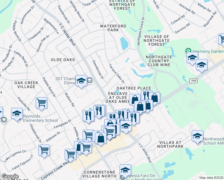 map of restaurants, bars, coffee shops, grocery stores, and more near 14910 Forest Enclave Lane in Houston