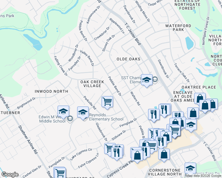 map of restaurants, bars, coffee shops, grocery stores, and more near 15111 Pebble Bend Drive in Houston