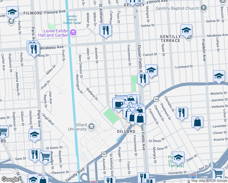 map of restaurants, bars, coffee shops, grocery stores, and more near 4233 Pauger Street in New Orleans