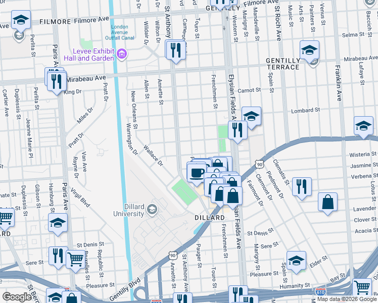 map of restaurants, bars, coffee shops, grocery stores, and more near 4233 Pauger Street in New Orleans