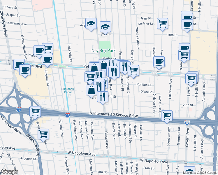 map of restaurants, bars, coffee shops, grocery stores, and more near 3012 Danny Park in Metairie