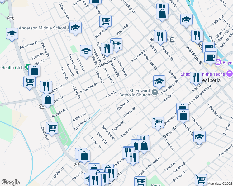 map of restaurants, bars, coffee shops, grocery stores, and more near 303 Armentor St in New Iberia