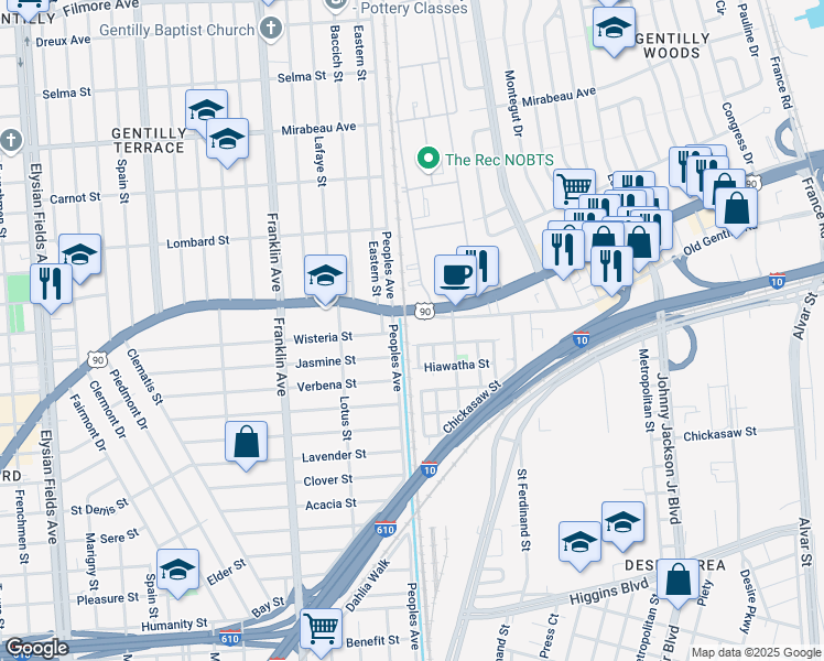 map of restaurants, bars, coffee shops, grocery stores, and more near 3900 Old Gentilly Road in New Orleans