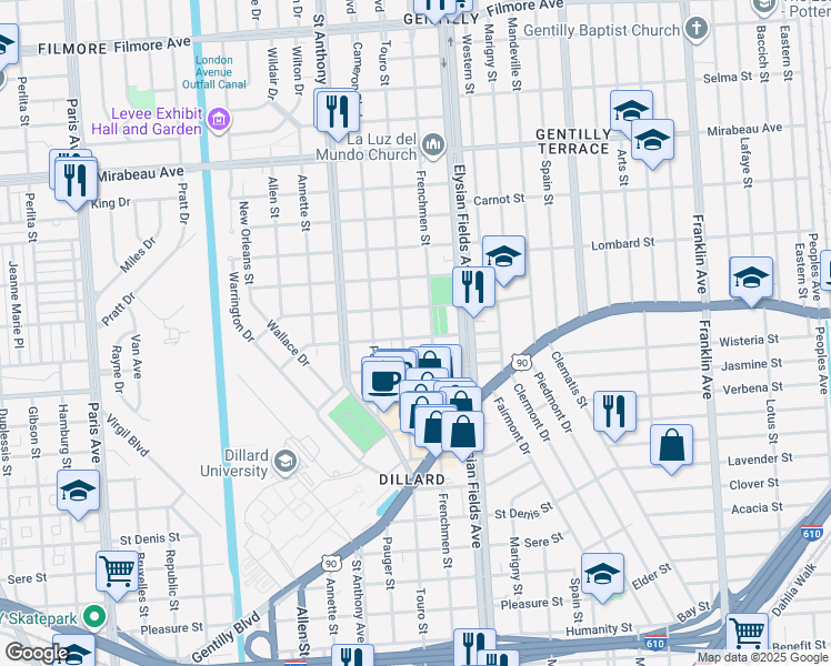 map of restaurants, bars, coffee shops, grocery stores, and more near 4231 Touro Street in New Orleans