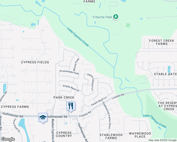 map of restaurants, bars, coffee shops, grocery stores, and more near 16327 Melody View Court in Cypress