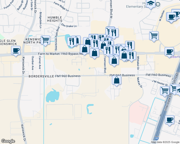 map of restaurants, bars, coffee shops, grocery stores, and more near 9207 Humble Westfield Road in Humble