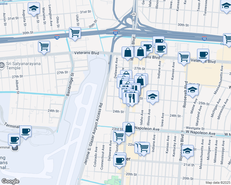 map of restaurants, bars, coffee shops, grocery stores, and more near 2460 Delaware Avenue in Kenner