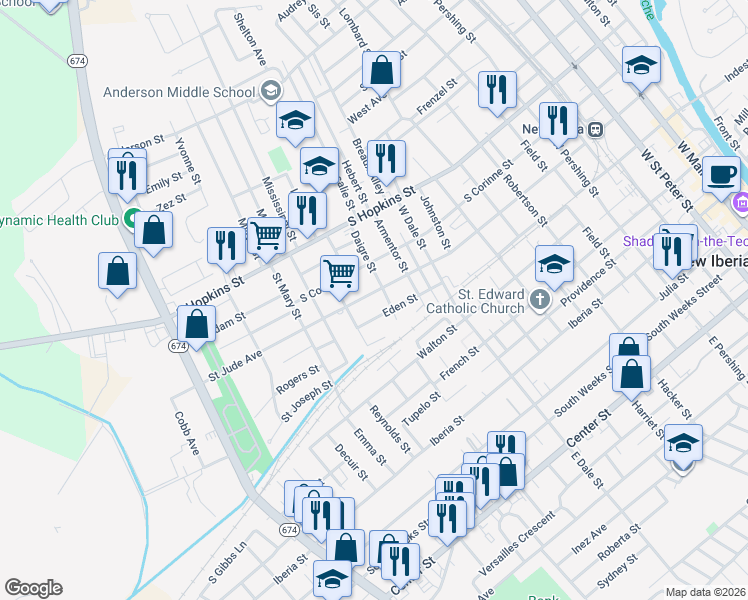 map of restaurants, bars, coffee shops, grocery stores, and more near 1206-1208 Eden Street in New Iberia