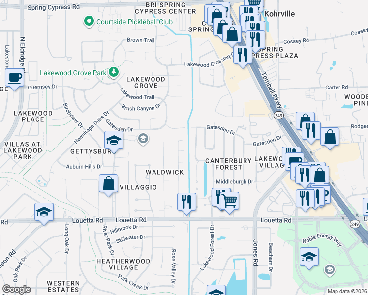 map of restaurants, bars, coffee shops, grocery stores, and more near 15611 Downford Drive in Tomball
