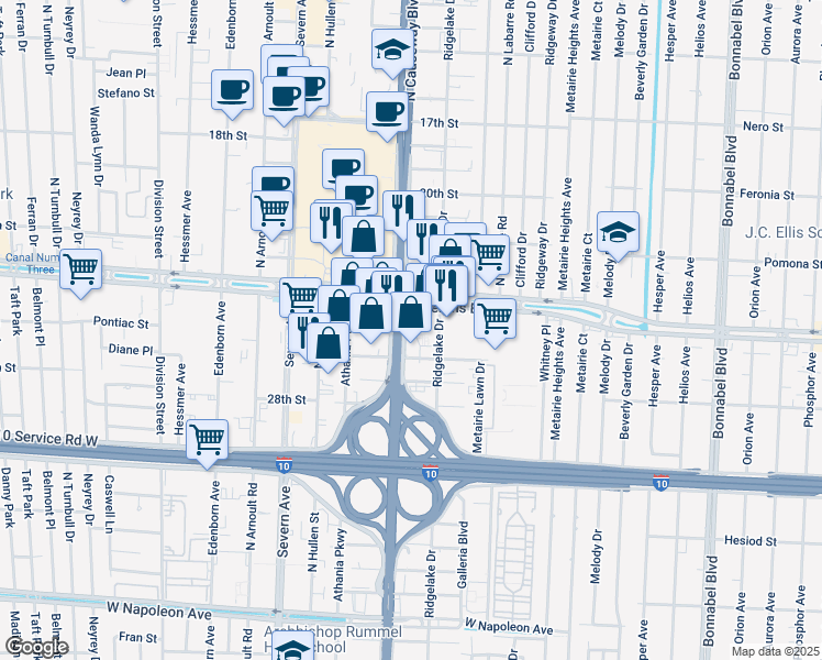 map of restaurants, bars, coffee shops, grocery stores, and more near 5209 Zenith St in Metairie