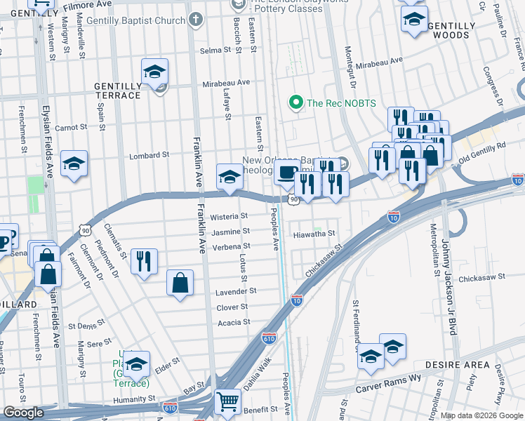 map of restaurants, bars, coffee shops, grocery stores, and more near 2750 Wisteria Street in New Orleans