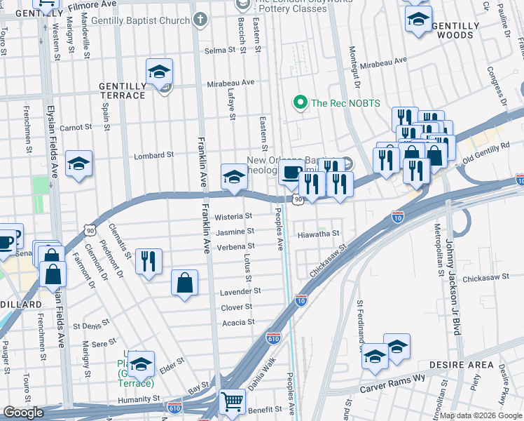 map of restaurants, bars, coffee shops, grocery stores, and more near 2750 Wisteria Street in New Orleans
