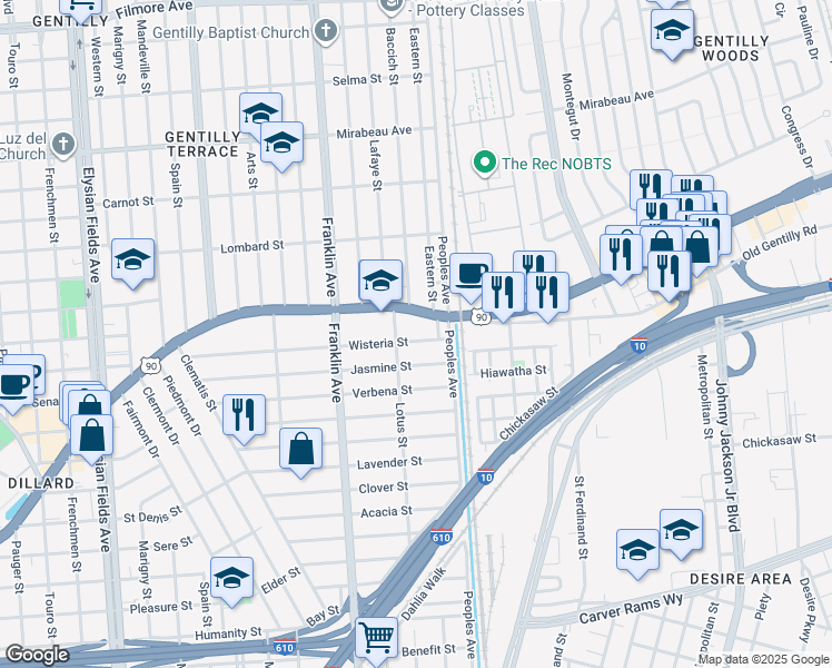 map of restaurants, bars, coffee shops, grocery stores, and more near 2750 Wisteria Street in New Orleans