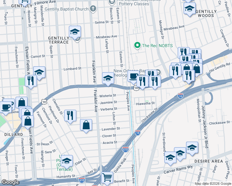 map of restaurants, bars, coffee shops, grocery stores, and more near 2682 Wisteria Street in New Orleans