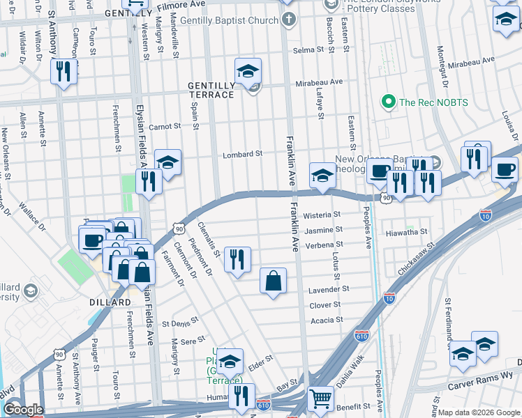 map of restaurants, bars, coffee shops, grocery stores, and more near 2502 Wisteria Street in New Orleans
