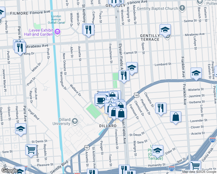 map of restaurants, bars, coffee shops, grocery stores, and more near 4231 Touro Street in New Orleans