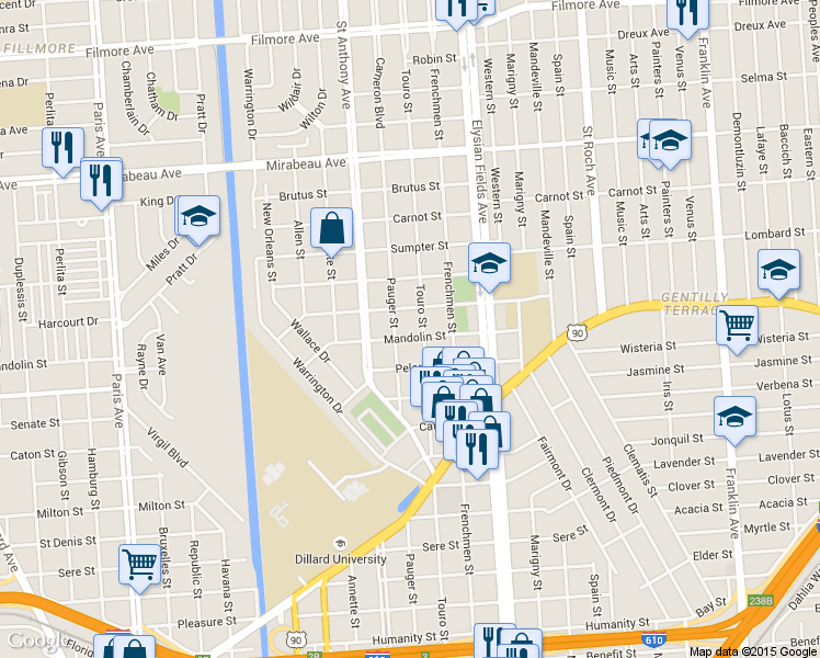 map of restaurants, bars, coffee shops, grocery stores, and more near 4233 Pauger Street in New Orleans