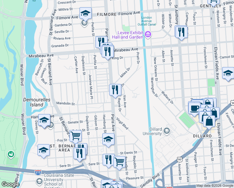 map of restaurants, bars, coffee shops, grocery stores, and more near 4331 Paris Avenue in New Orleans