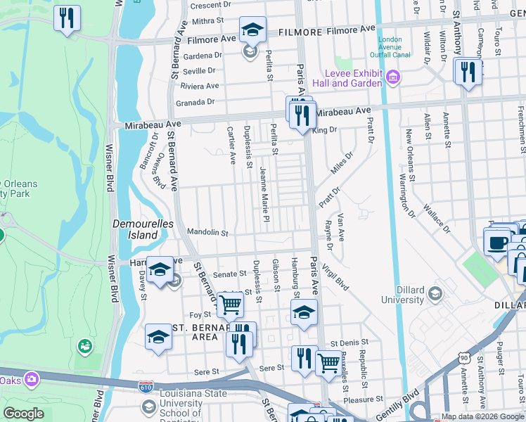 map of restaurants, bars, coffee shops, grocery stores, and more near 4313 Jeanne Marie Place in New Orleans