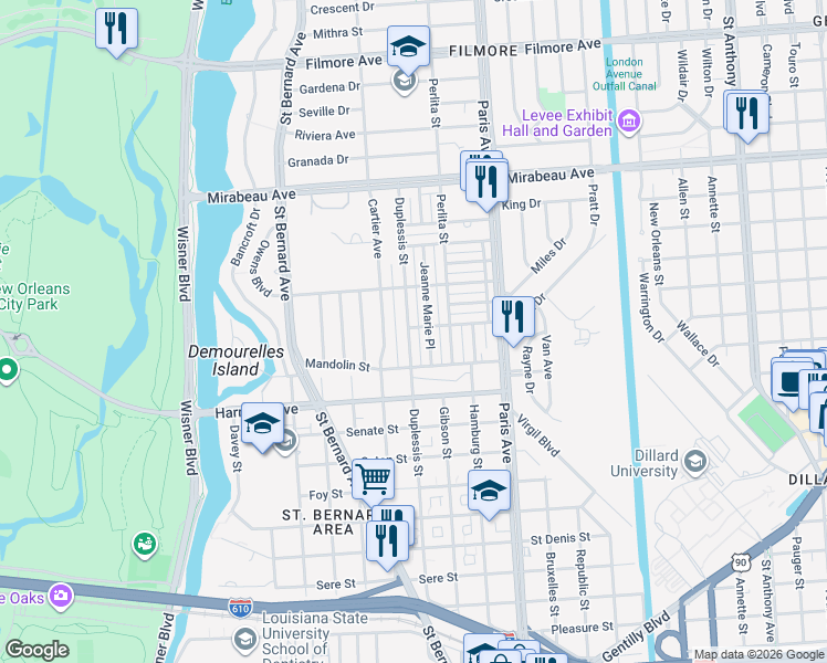 map of restaurants, bars, coffee shops, grocery stores, and more near 4324 Duplessis Street in New Orleans