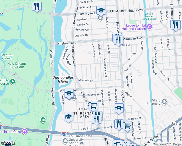 map of restaurants, bars, coffee shops, grocery stores, and more near 4318 Randolph Avenue in New Orleans