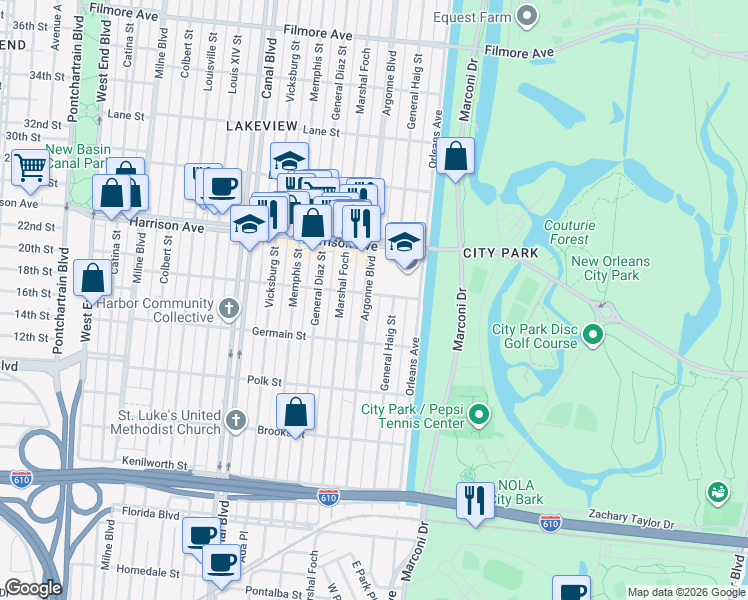 map of restaurants, bars, coffee shops, grocery stores, and more near 6138 General Haig Street in New Orleans