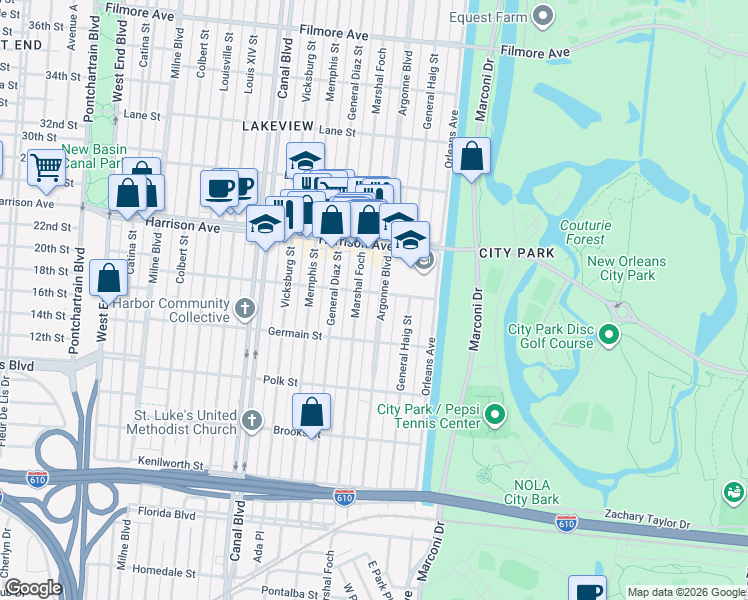 map of restaurants, bars, coffee shops, grocery stores, and more near 6140 Argonne Boulevard in New Orleans