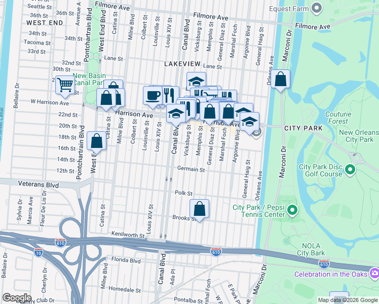map of restaurants, bars, coffee shops, grocery stores, and more near 6126 Memphis Street in New Orleans