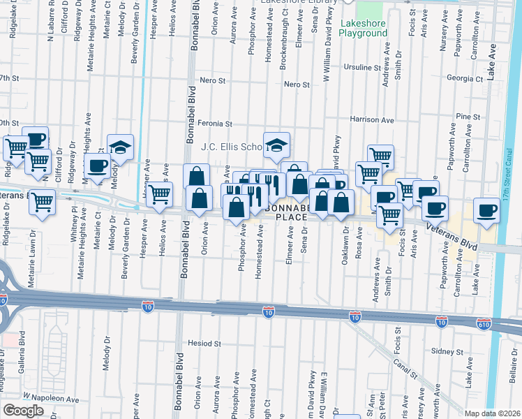map of restaurants, bars, coffee shops, grocery stores, and more near 1320 Veterans Memorial Boulevard in Metairie