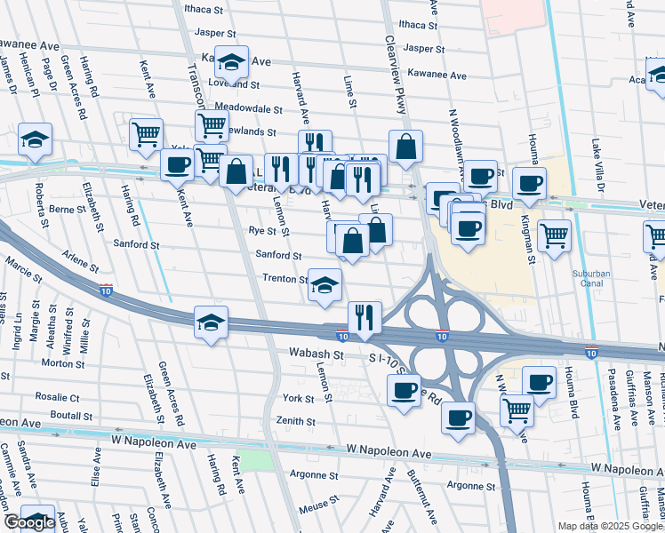 map of restaurants, bars, coffee shops, grocery stores, and more near 4828 Trenton Street in Metairie