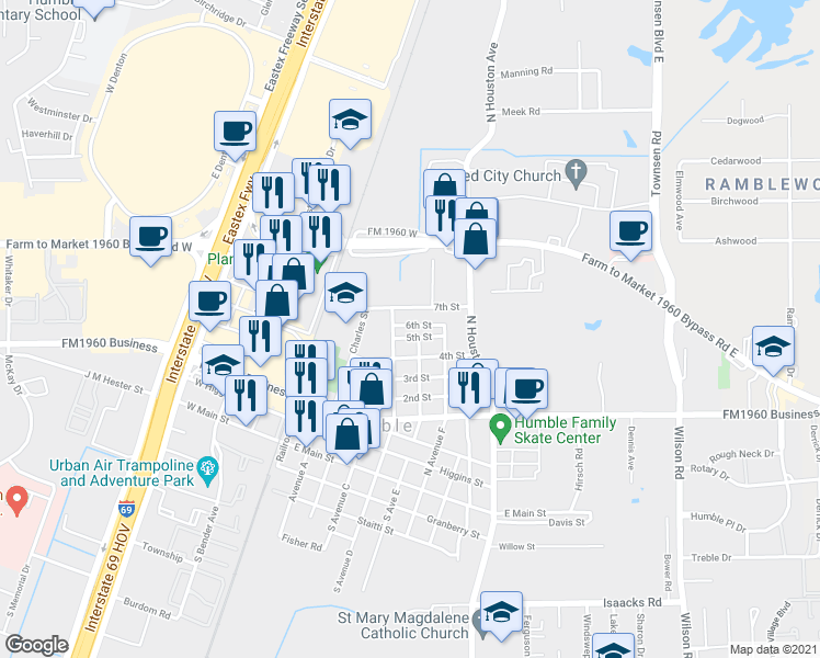 map of restaurants, bars, coffee shops, grocery stores, and more near 520 5th Street in Humble
